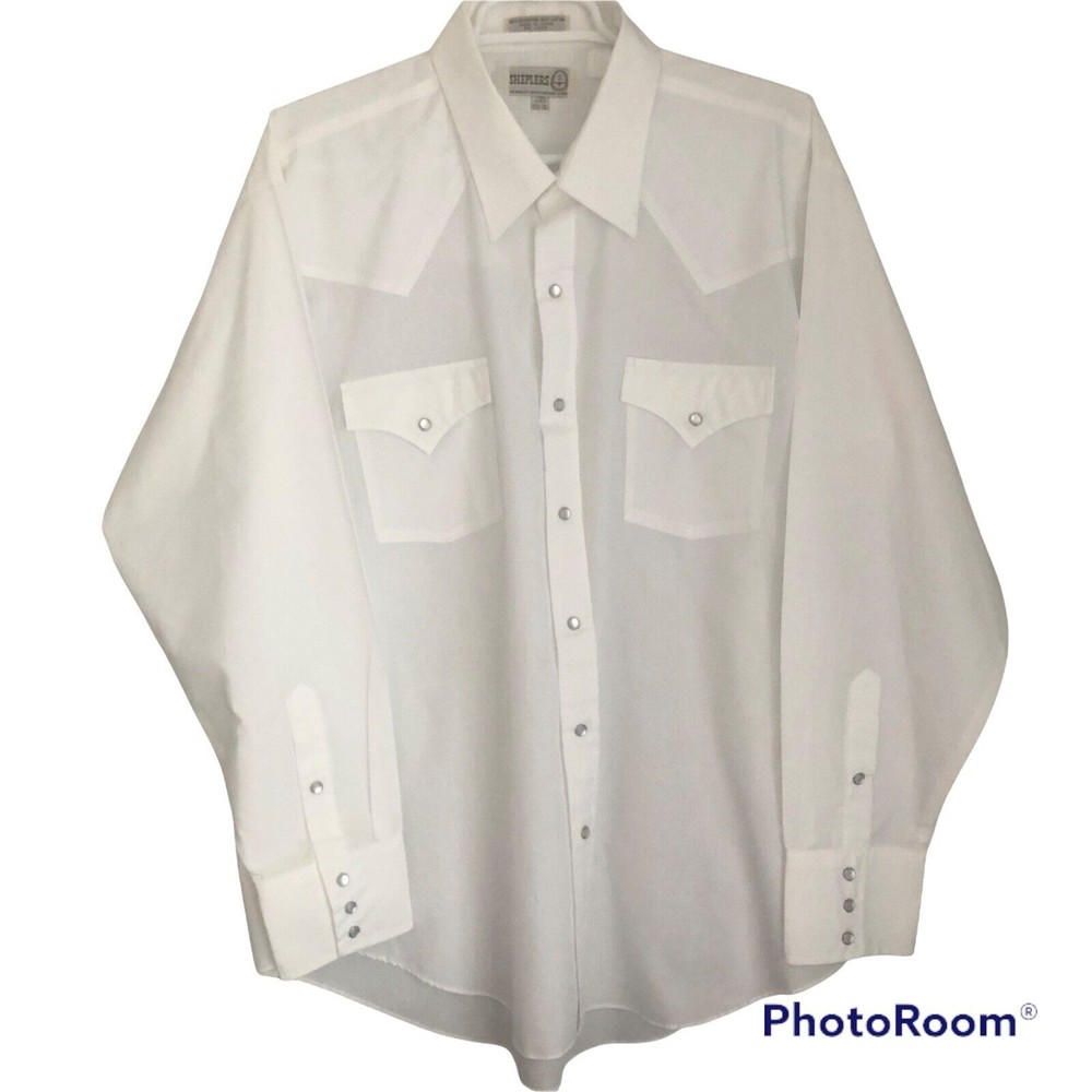 VINTAGE SHEPLERS WESTERN FIT SHIRT Pearl SNAP COWBOY Style White 17 1/2 35 C16